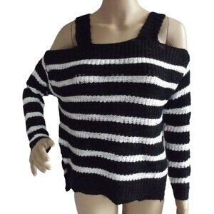 No Comment Sweater Size Small Soft Cold Shoulder Black&White Striped Open Weave